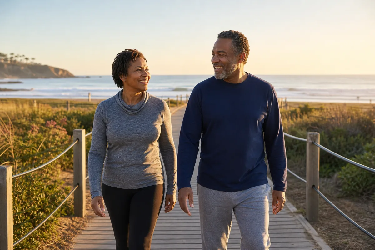 Couple walking together on a coastal path