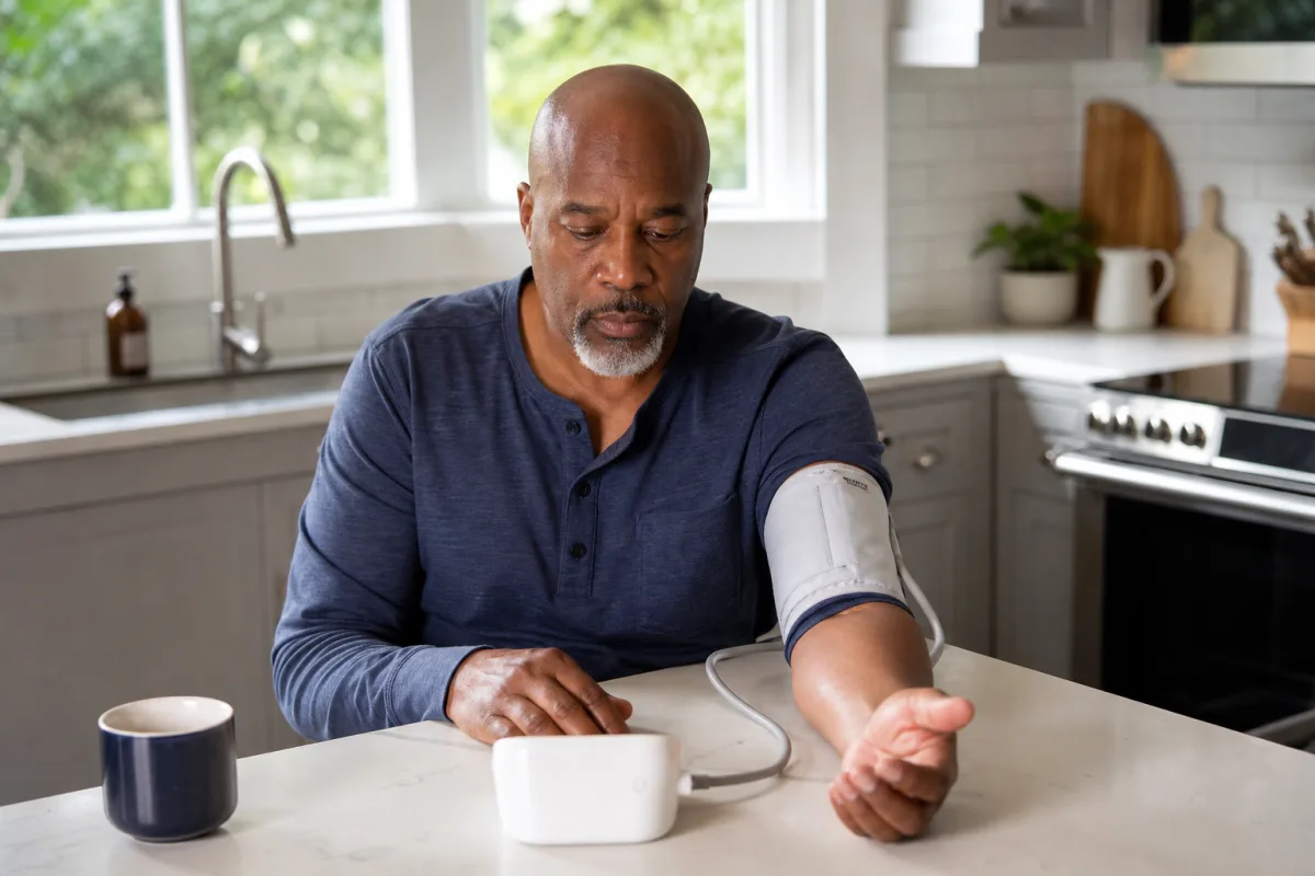 Man checking his blood pressure at home