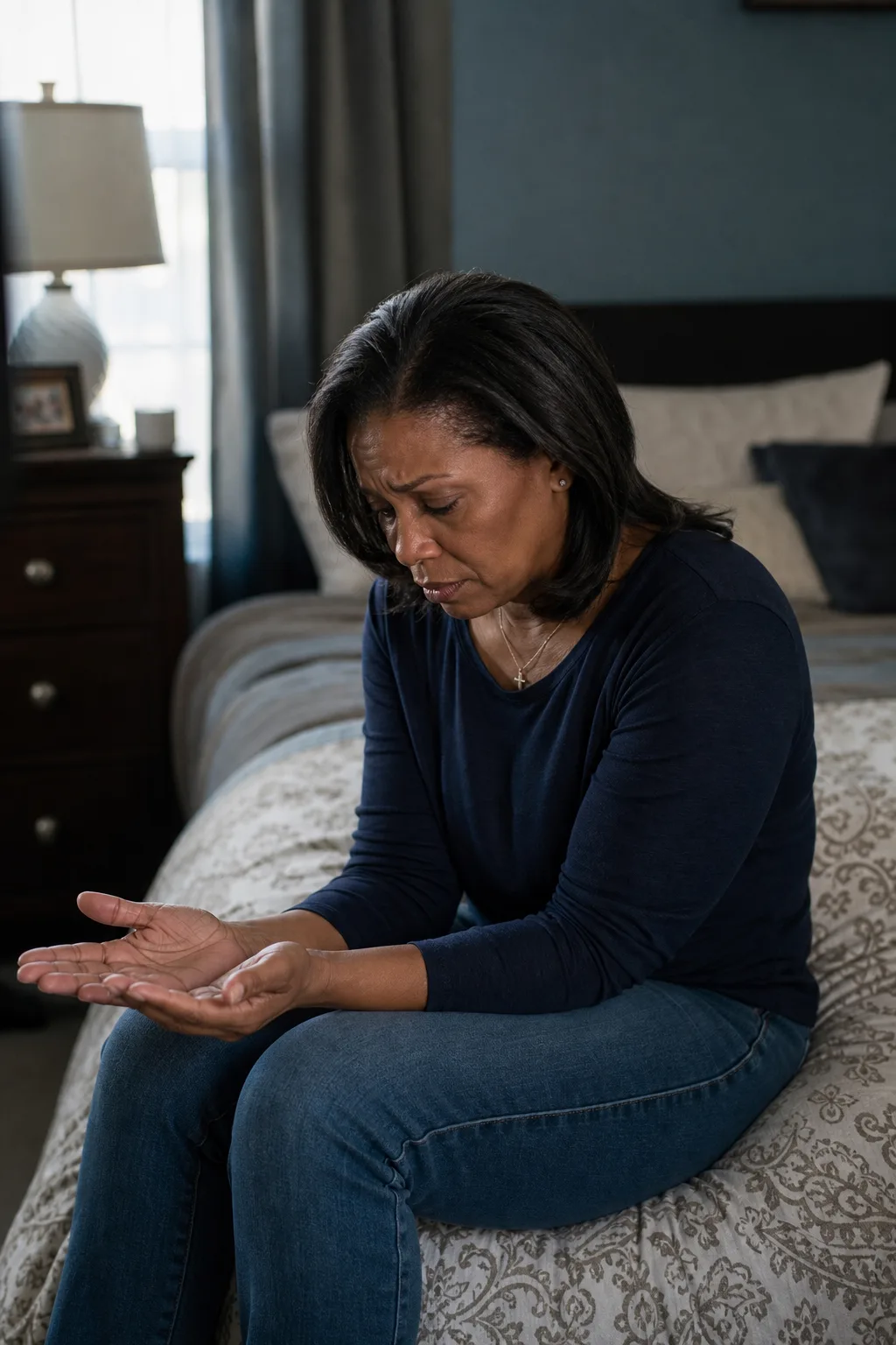 Woman sitting alone looking worried