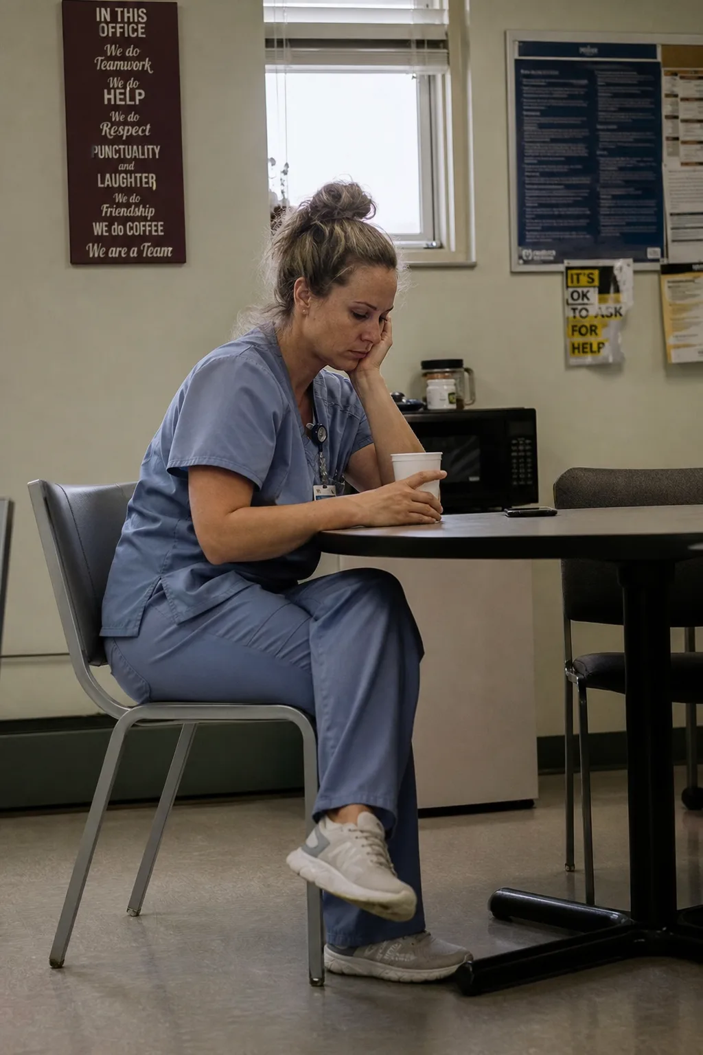 Healthcare worker alone in break room