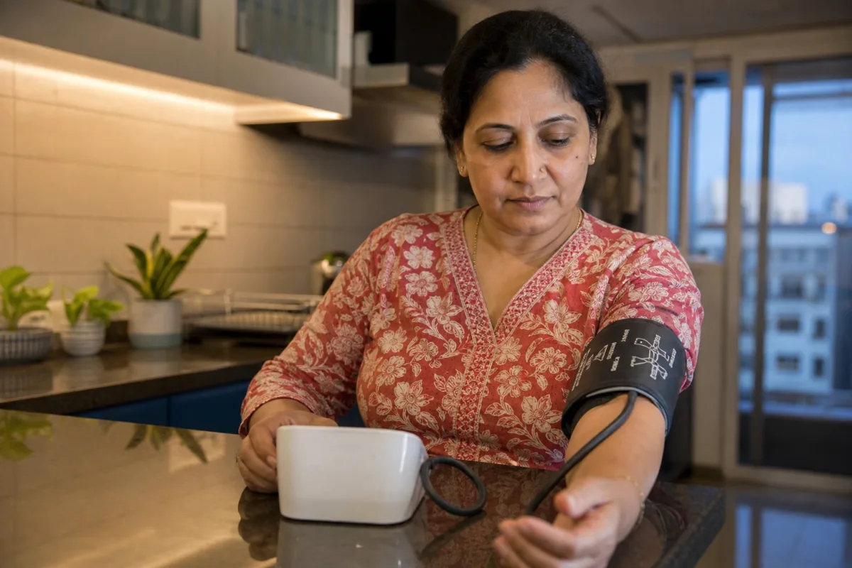 Woman checking her blood pressure at home