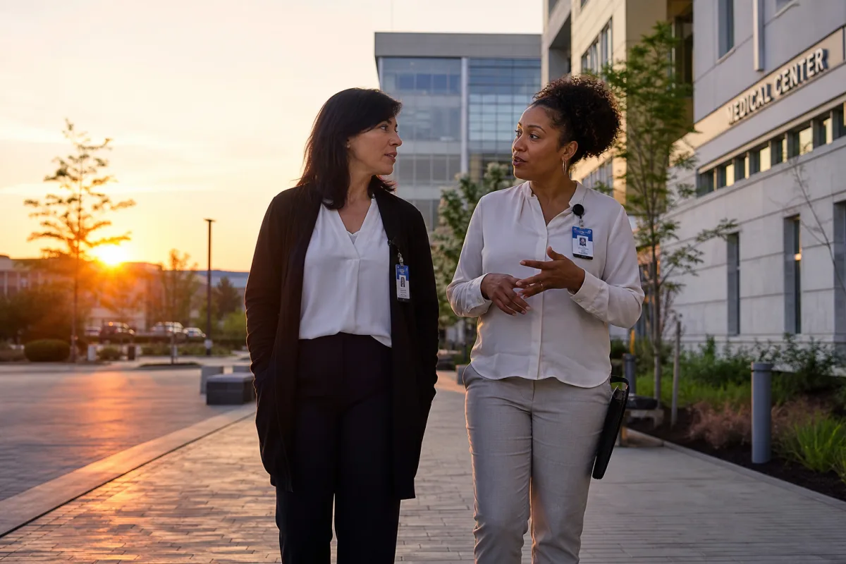 Two women walking together at sunset